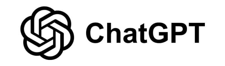 Schwarz-weißes ChatGPT-Logo mit einem abstrakten Knotendesign auf der linken Seite und 