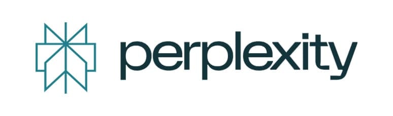 Das Bild zeigt das Perplexity-Logo mit einem geometrischen blauen Symbol auf der linken Seite und dem Wort 