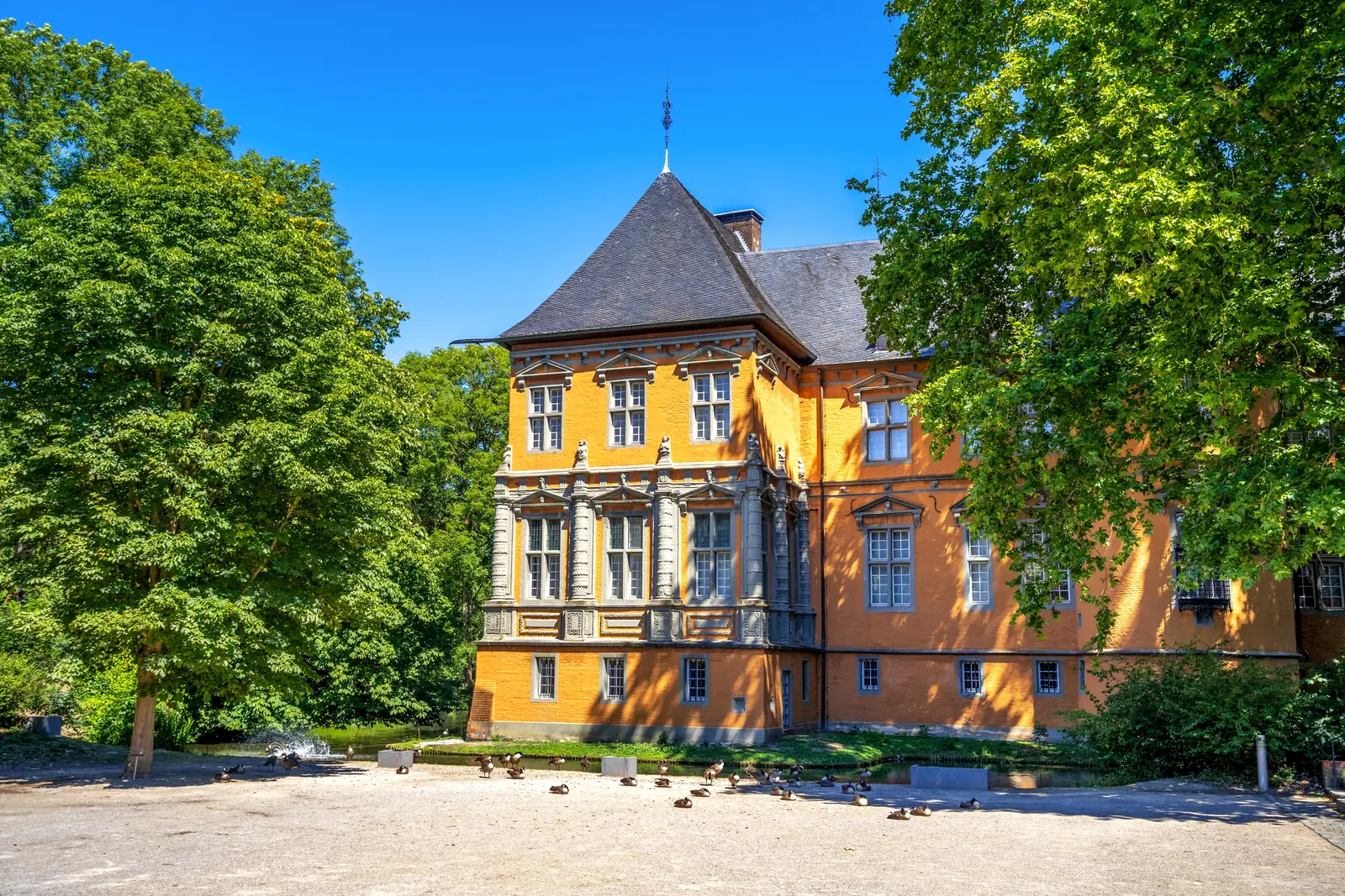 An einem sonnigen Tag in Mönchengladbach steht ein großes, gelbes Backsteingebäude mit einem steilen schwarzen Dach, umgeben von Bäumen; vor dem Gebäude haben sich Vögel auf dem Boden versammelt.