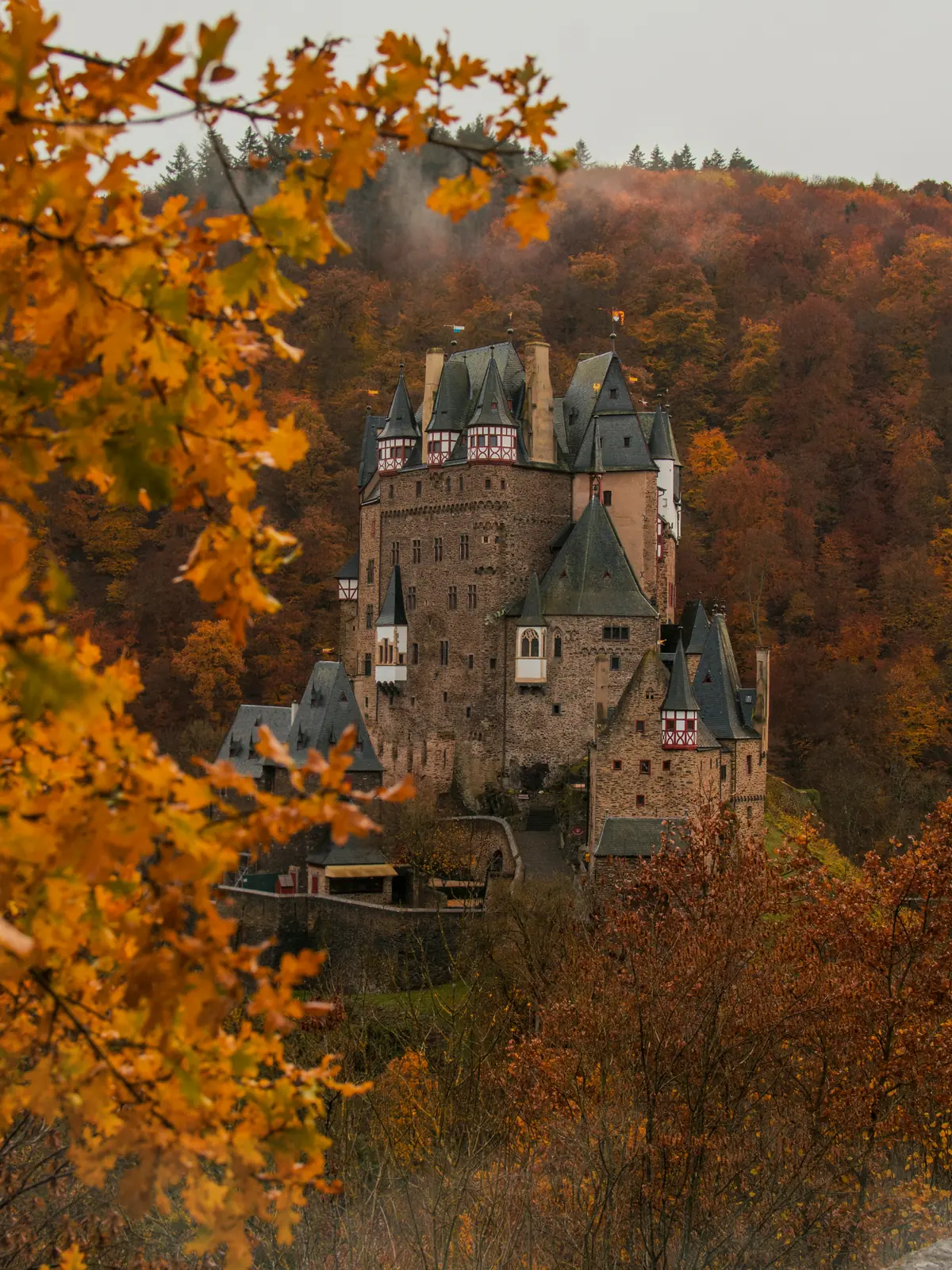 Burg Eltz im herbstlichen Wald der Eifel zwischen goldenen Blättern.