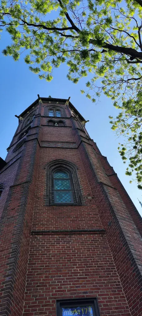 Backsteinturm einer Kirche in Oldenburg von unten zwischen Frühlingszweigen.
