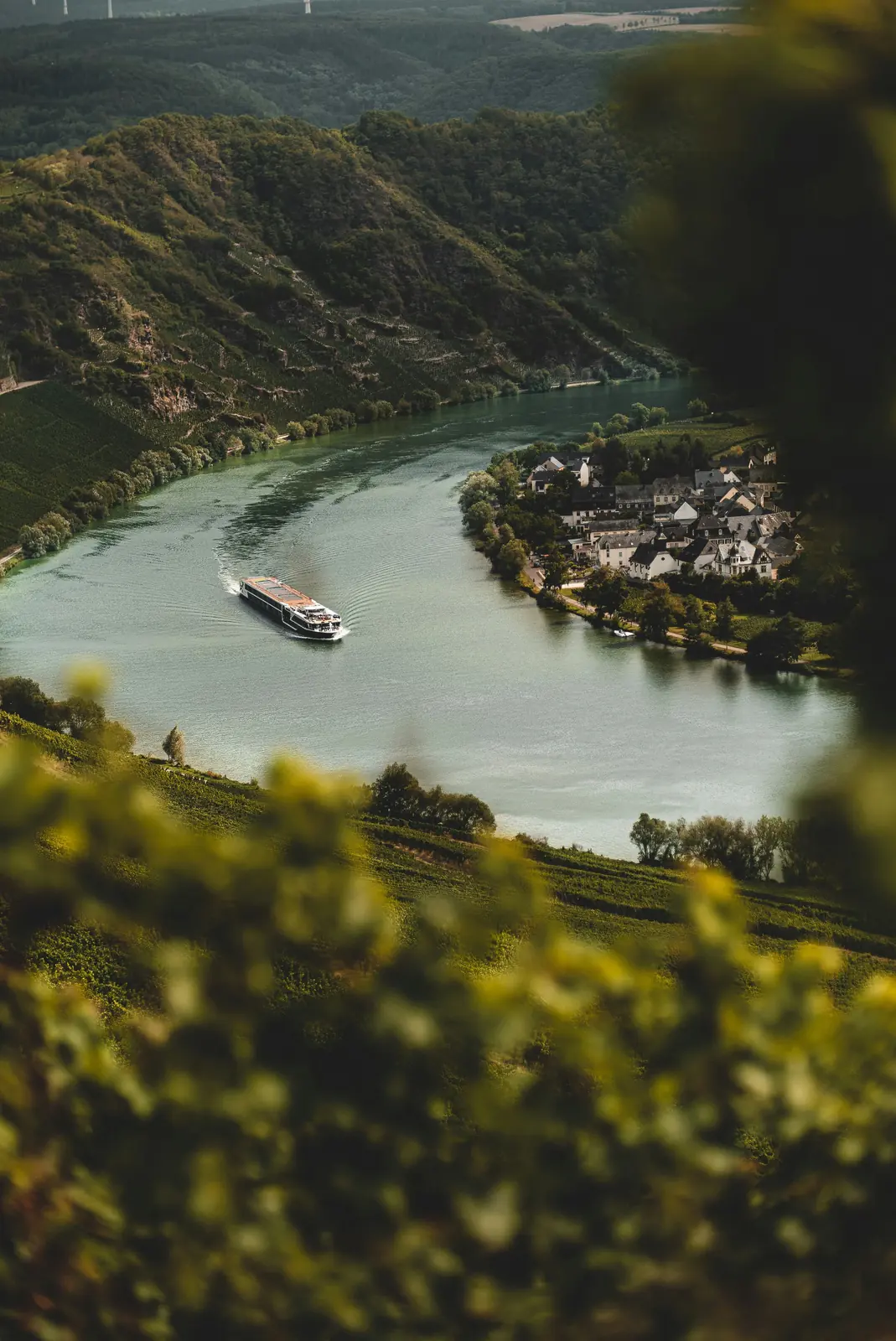 Moselschleife mit Flusskreuzfahrtschiff und Weinbergen bei einem Winzerdorf.