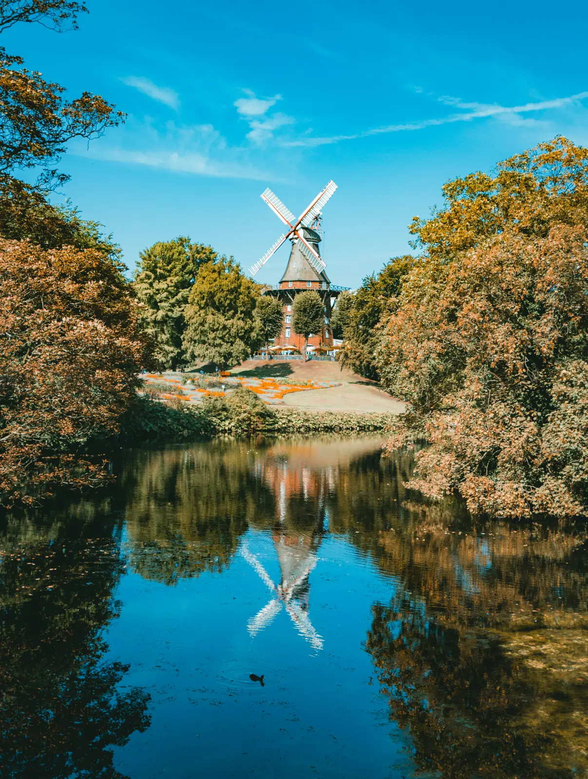 Mühle am Wall in den Bremer Wallanlagen spiegelt sich im Herbst im Wasser.