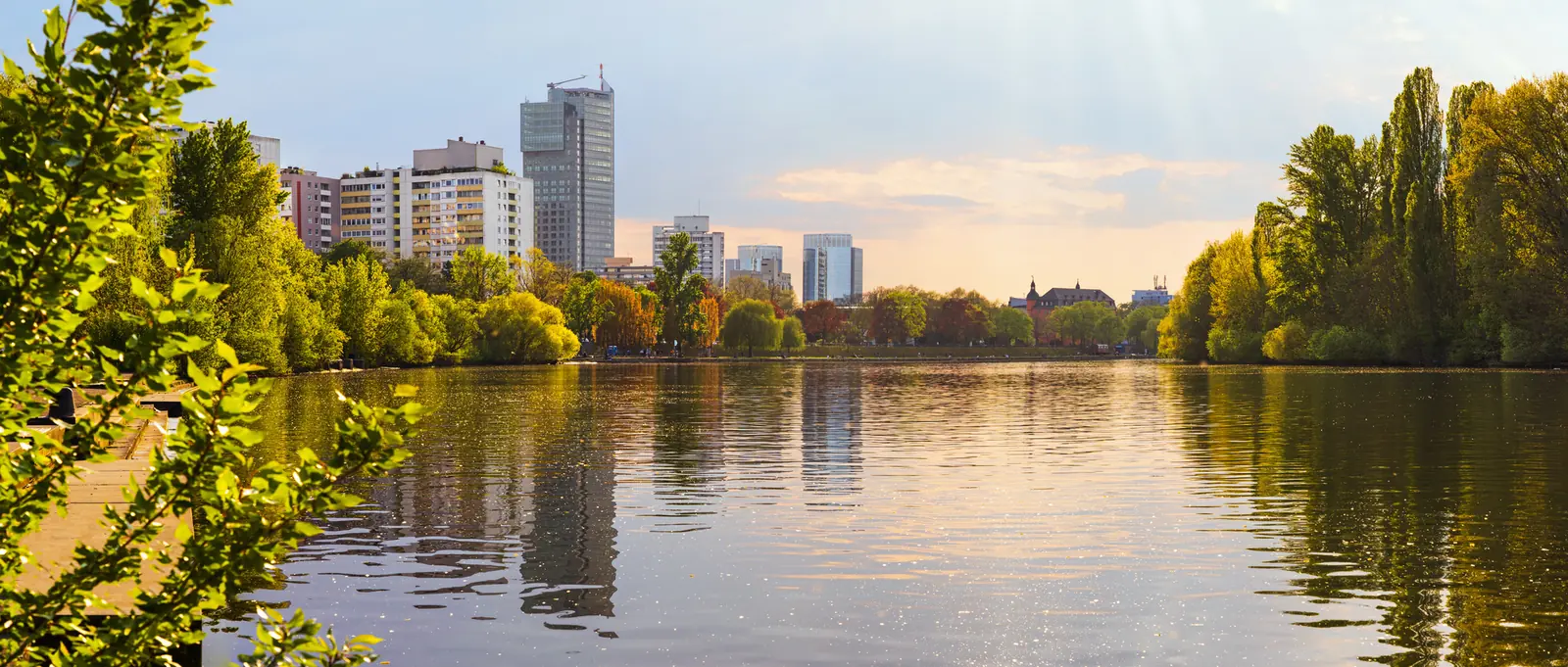Ufer eines Gewässers in Offenbach am Main mit Hochhäusern der Stadt dahinter.