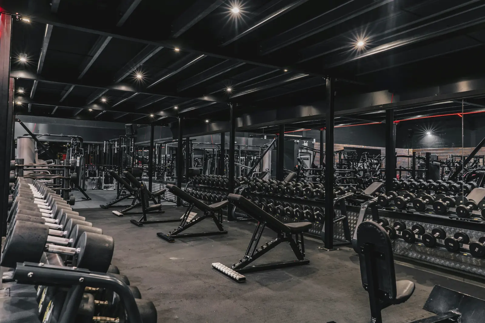 Betriebsmittelprüfung und Leiter- und Trittprüfung im Fitnessstudio: Hantelbereich mit Spots an der dunklen Decke.