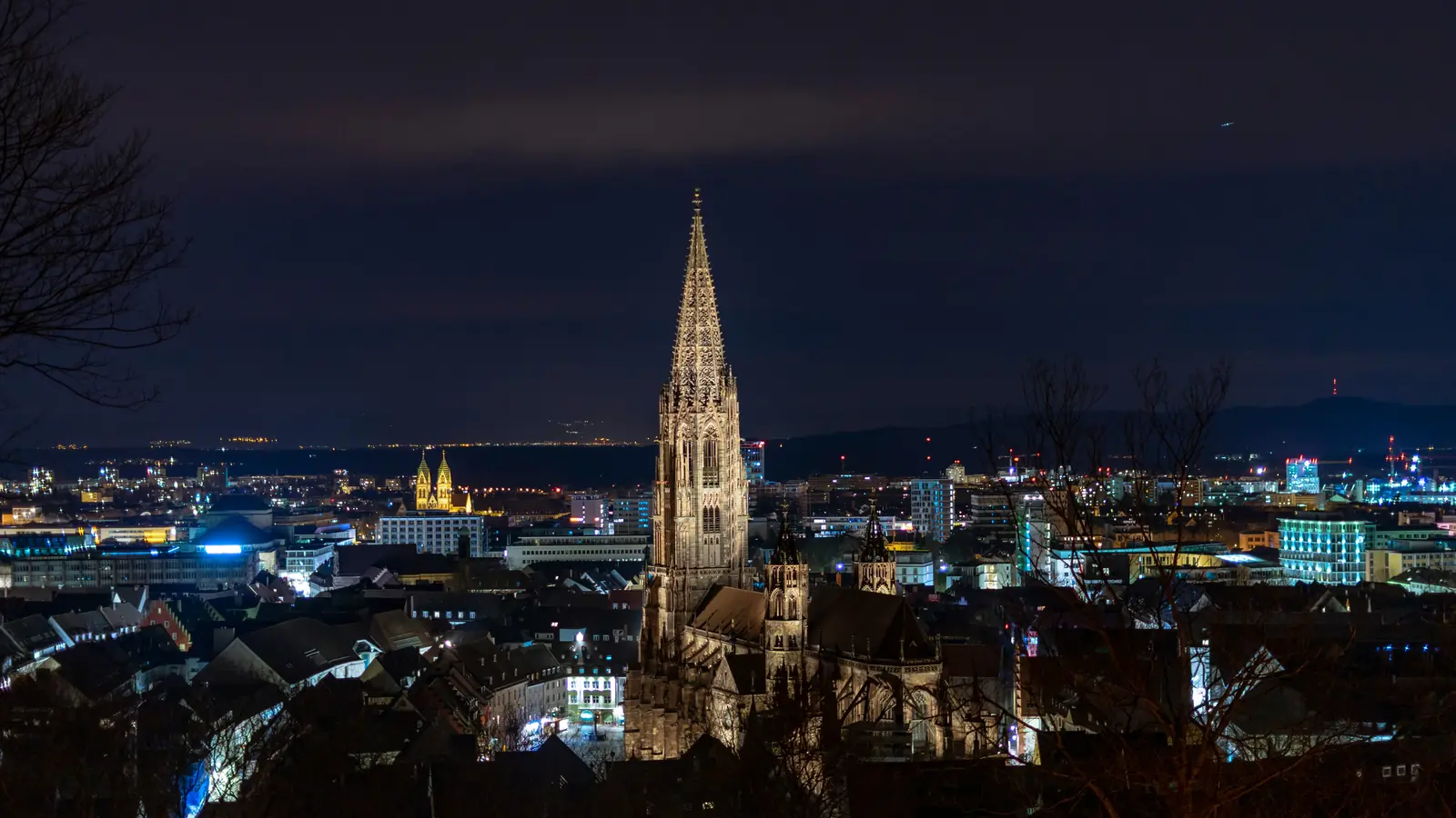 Betriebsmittelprüfung und Leiter- und Trittprüfung in Freiburg: Beleuchteter Kirchturm über der Stadt bei Nacht.