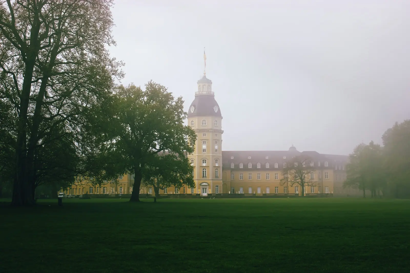 Betriebsmittelprüfung und Leiter- und Trittprüfung in Karlsruhe: Schloss im Nebel hinter alten Bäumen.
