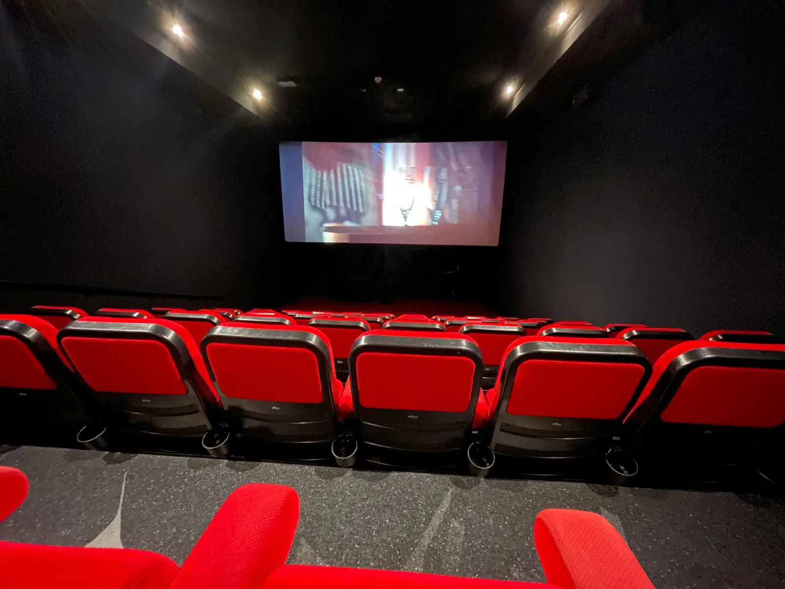 Betriebsmittelprüfung und Leiter- und Trittprüfung im Kino: Kleiner Saal mit Leinwand und roten Sesseln.