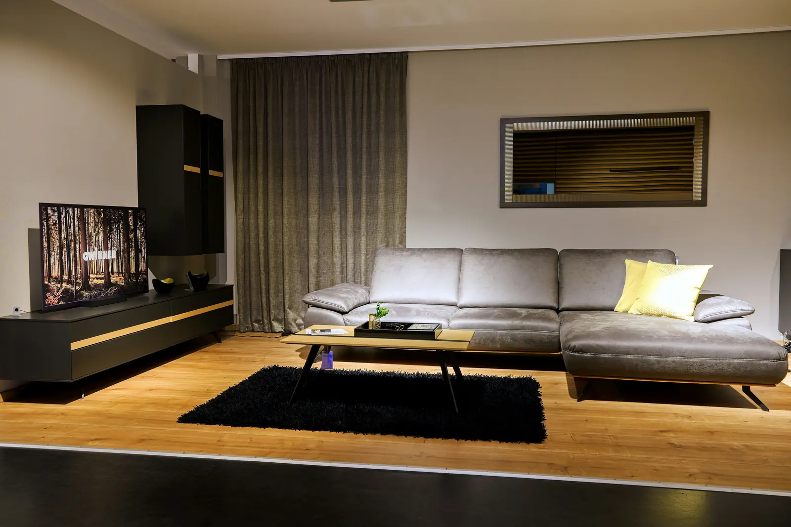 Betriebsmittelprüfung und Leiter- und Trittprüfung im Möbelhaus: Musterwohnzimmer mit Fernseher und beleuchteter Wohnwand.