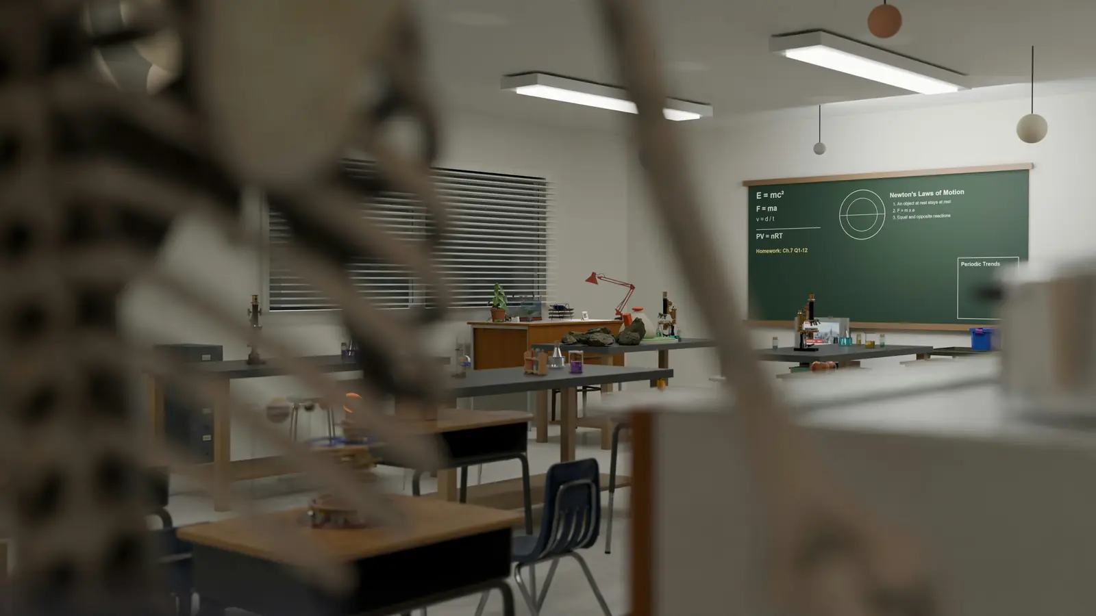 Betriebsmittelprüfung und Leiter- und Trittprüfung in der Schule: Fachraum mit Deckenleuchten und Experimentiertischen.