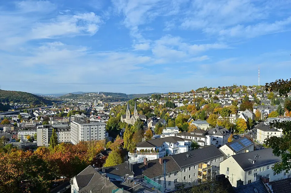 Betriebsmittelprüfung und Leiter- und Trittprüfung in Siegen: Blick über Dächer und Hänge im Herbst.
