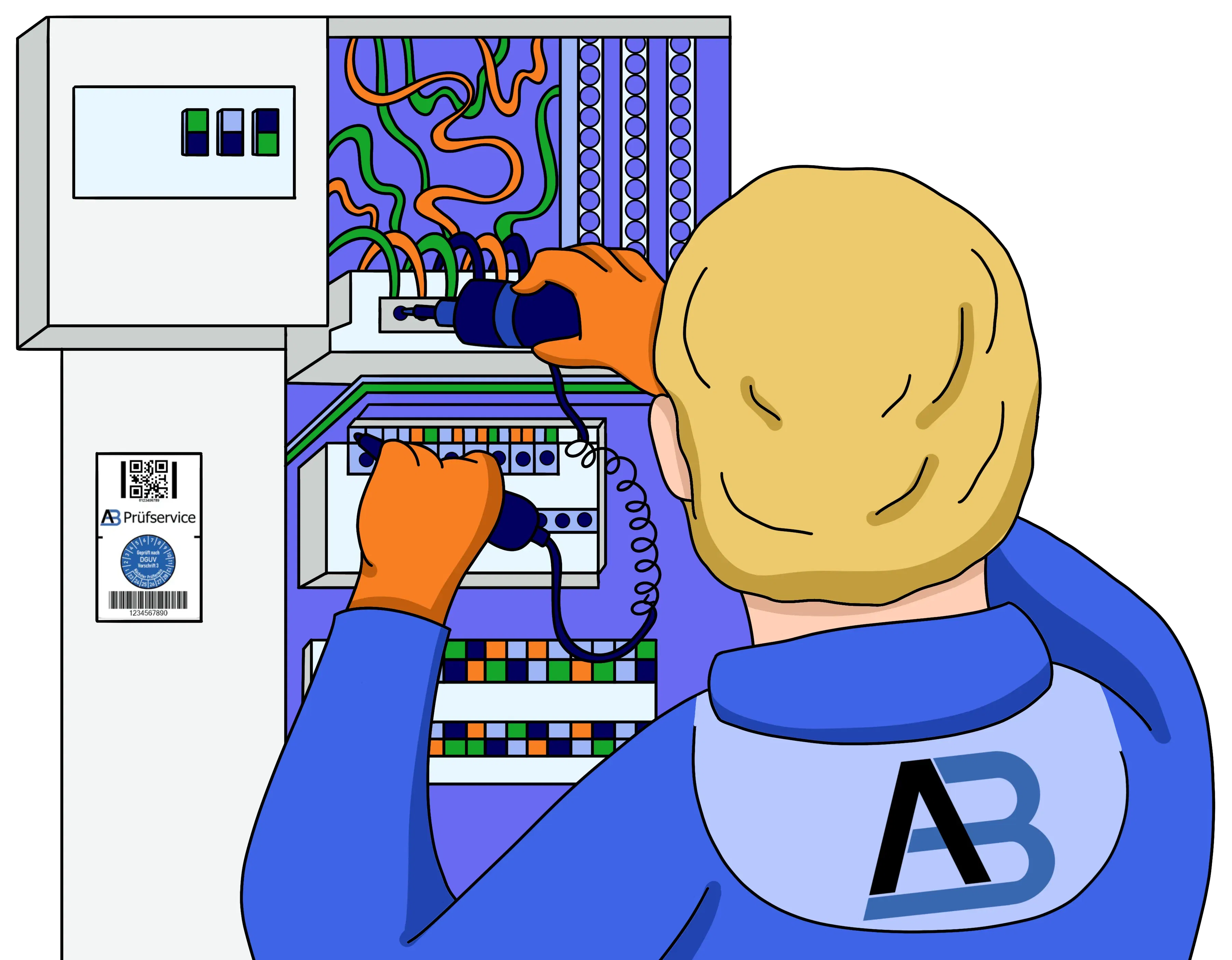 Ein Techniker testet mit einer Sonde Kabel in einer Schalttafel. Er trägt einen blauen Overall und orangefarbene Handschuhe und blickt mit dem Rücken zum Betrachter.