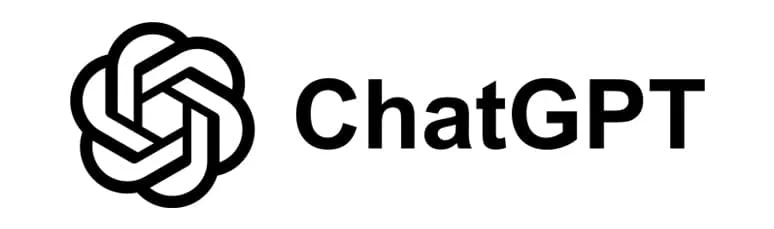 Schwarz-weißes ChatGPT-Logo mit einem abstrakten Knotendesign auf der linken Seite und 