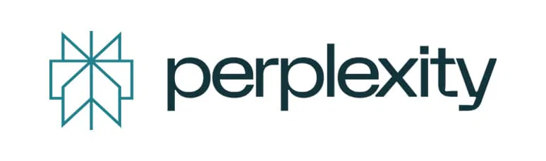 Das Bild zeigt das Perplexity-Logo mit einem geometrischen blauen Symbol auf der linken Seite und dem Wort 