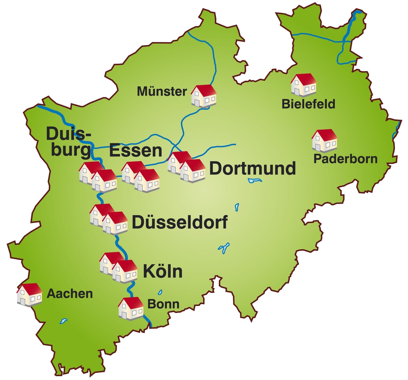 Karte von Nordrhein-Westfalen, Deutschland, mit den wichtigsten Städten wie Dortmund, Düsseldorf, Köln und Essen sowie Flüssen; die Standorte der Städte sind durch kleine Haussymbole gekennzeichnet.