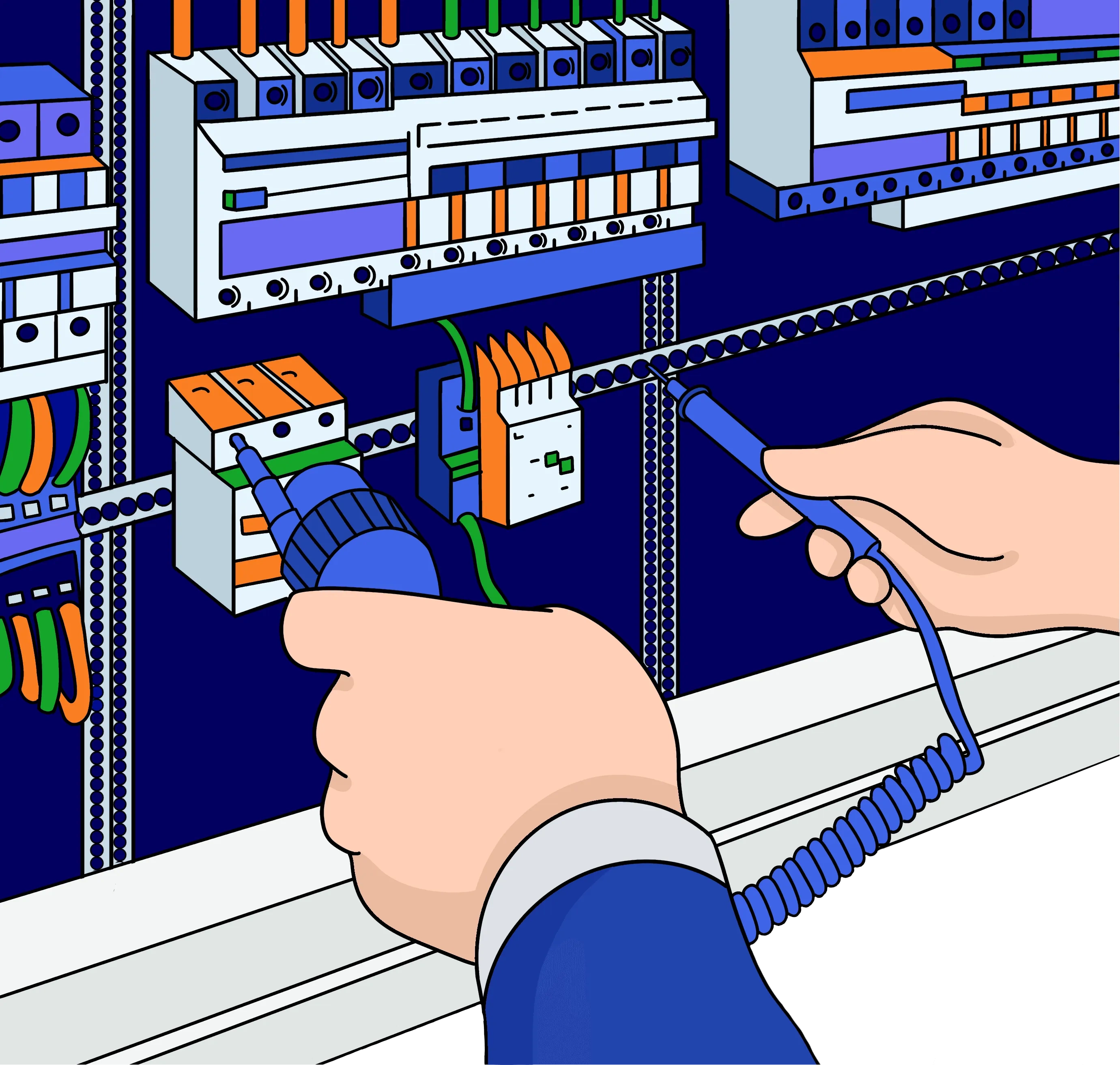 Hände verbinden mithilfe von Installationswerkzeugen Kabel mit einem elektrischen Schaltfeld mit Schaltern und Anschlüssen.