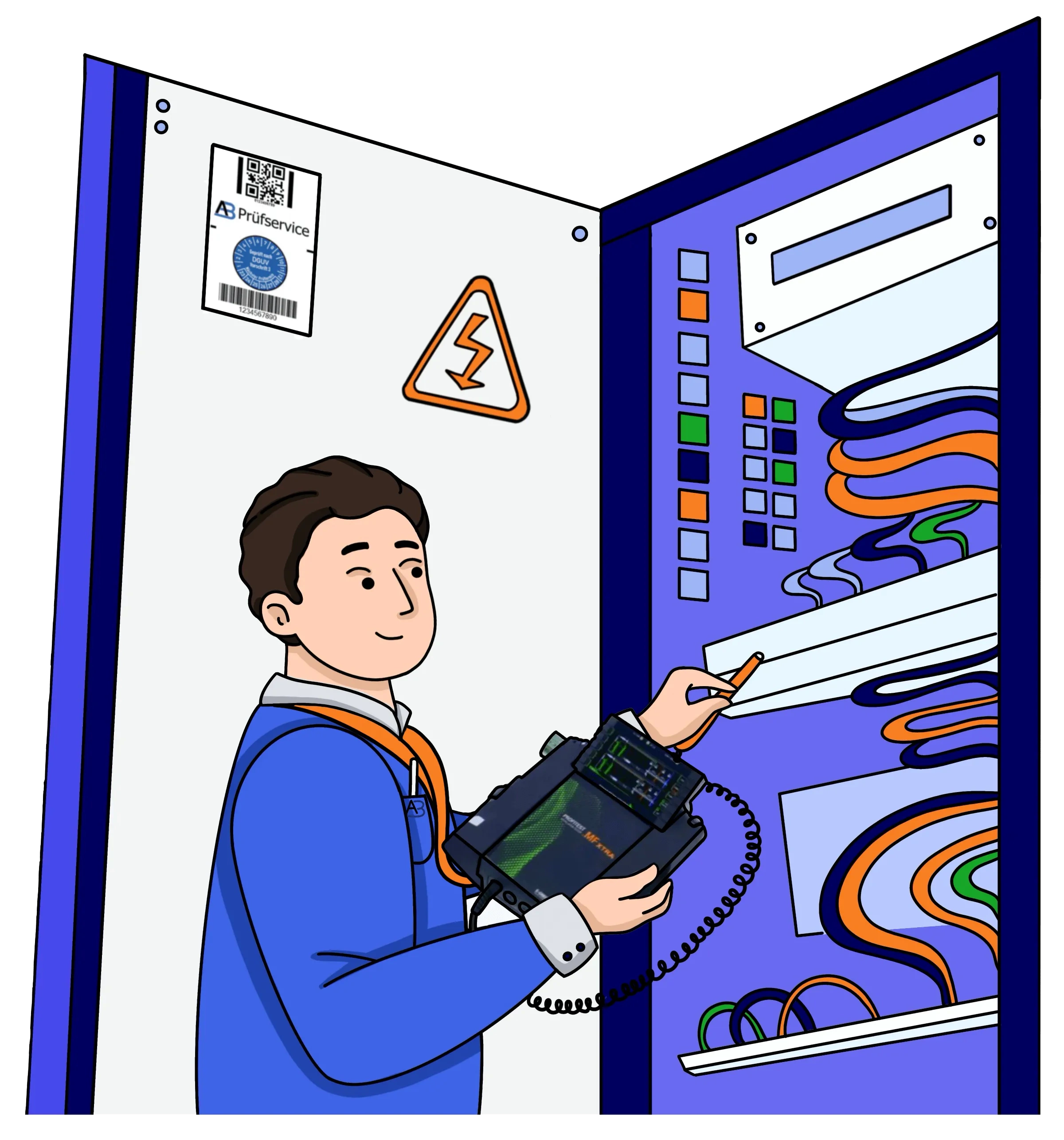 Ein Techniker überprüft ein Bedienfeld mit bunten Kabeln mithilfe eines per Kabel angeschlossenen Tablets. Auf der offenen Tür ist ein Warnschild mit Blitz zu sehen.