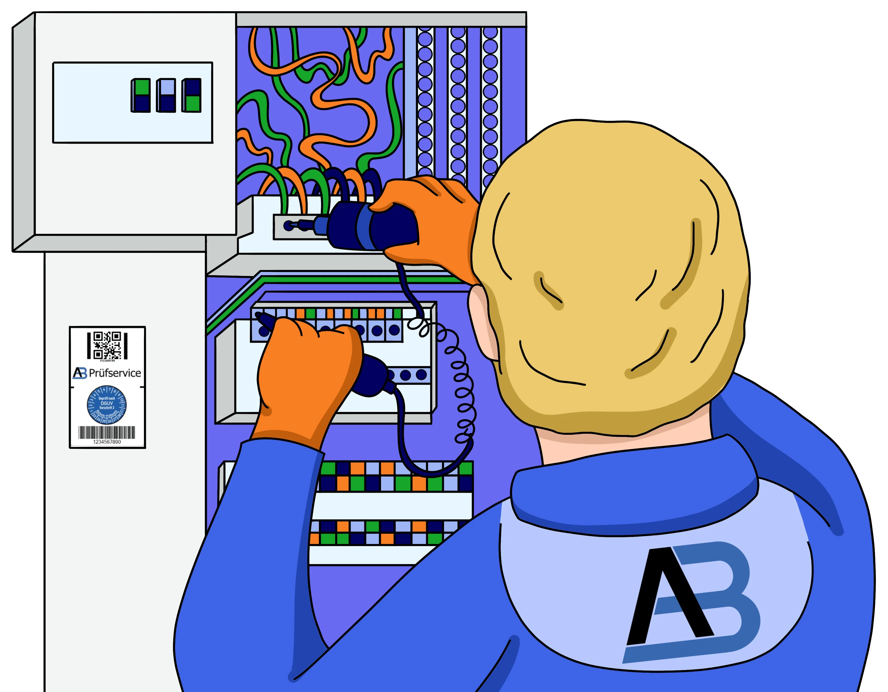 Ein Techniker testet mit einer Sonde Kabel in einer Schalttafel. Er trägt einen blauen Overall und orangefarbene Handschuhe und blickt mit dem Rücken zum Betrachter.