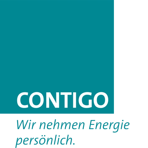 Blaugrünes quadratisches Logo mit dem Wort „CONTIGO“ in Weiß, darunter steht „Wir nehmen Energie persönlich“. in Schwarz.